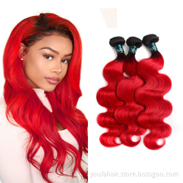 Wholesale Brazilian Virgin Human Hair Ombre Color 1b/red Body Wave Hair Bundles with Lace Closure 12A Unprocessed Hair Bundles